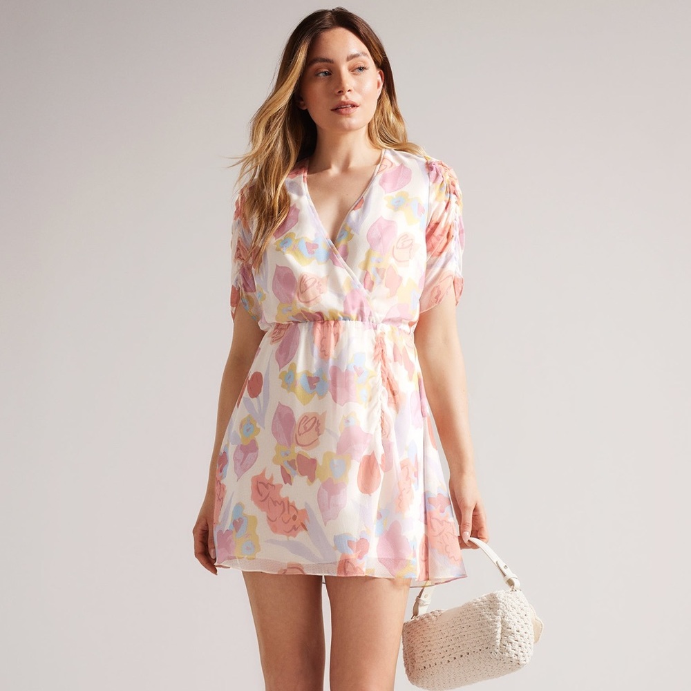 New Ted Baker Juleah Ruched Sleeve Skater Skirt Mesh V-neck Floral Mini Dress